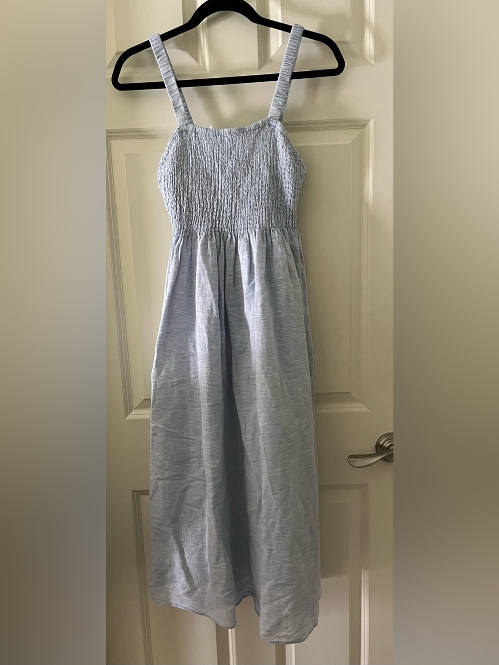 J. Crew Smocked beach dress in linen-cotton blend light blue midi small Beachy